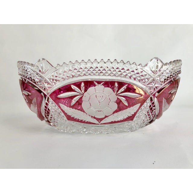 Art Deco Style Cranberry Cut to Clear Oval Scalloped Bowl For Sale In Boston - Image 6 of 6