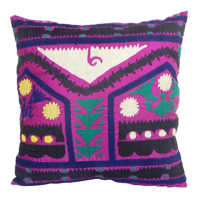 Purple Tashkent Suzani Square Pillow Case Made From a 19th Century Suzani For Sale