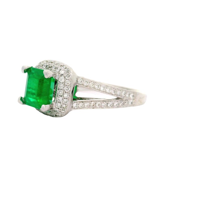 1.39 Colombian Emerald Diamond 14k White Gold Double-Halo Ring, Gia Certified, Size 5.75 For Sale - Image 4 of 9