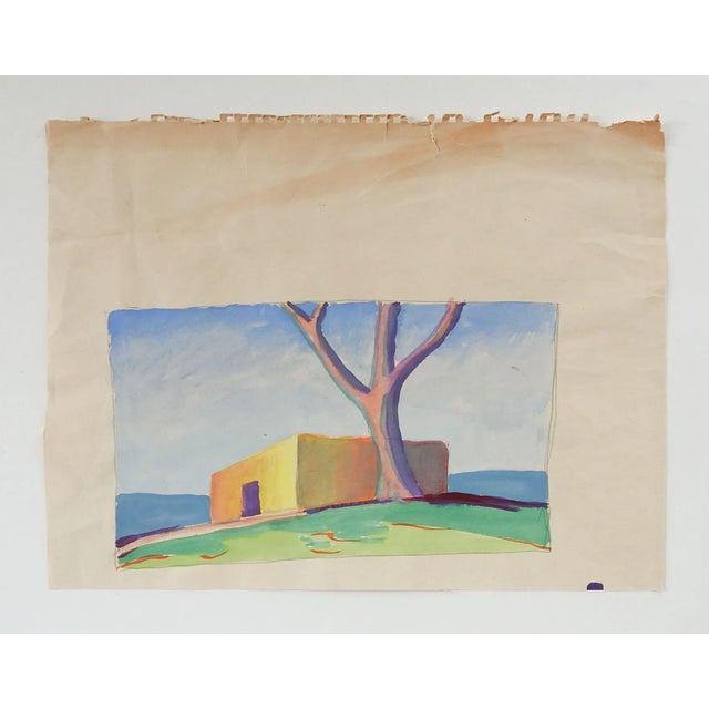 Modernist gouache on paper of adobe landscape by Geneva Flores Hart Fell (1906-2008). Unsigned, circa 1950's. From the...