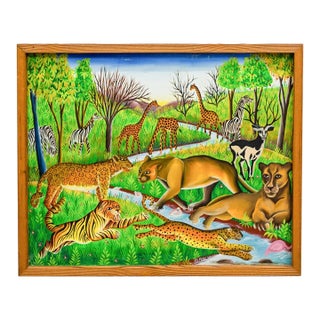 Late 20th Century Jungle Animals, Oil on Canvas Painting Signed by Blanchard For Sale