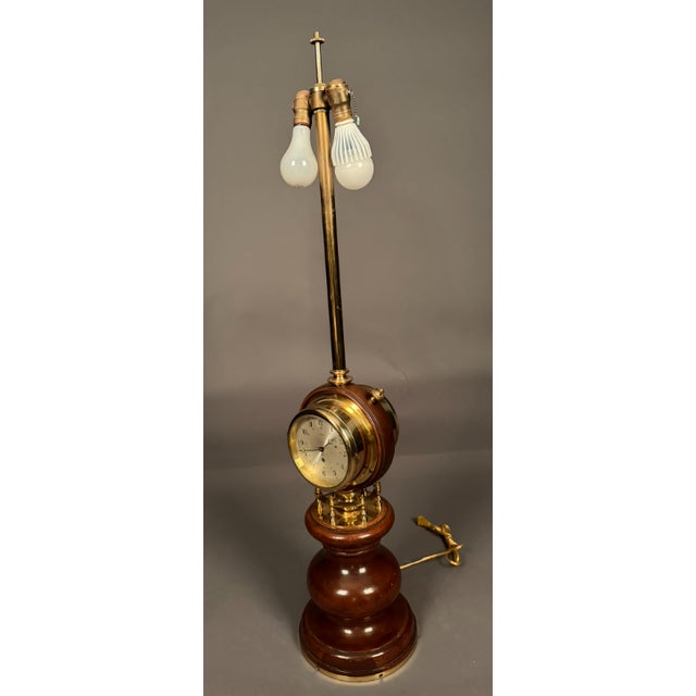 Mid 20th Century Large Brass & Mahogany Nautical Desk Lamp With Clock and Barometer Swivel Head For Sale - Image 13 of 15