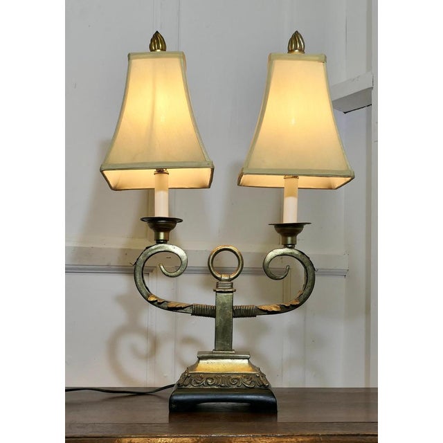 Art Deco Hollywood Regency Twin Toleware Table Lamp, 1960s For Sale - Image 4 of 10