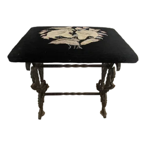 Vintage Victorian Floral Iris Needlepoint Bench Stool With Bronzed Cast Iron Chimera Base