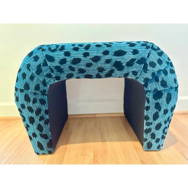1980s Vintage Waterfall Stool Reupholstered With Blue Leopard by Lillian August for Hickory White Fabric For Sale - Image 4 of 9