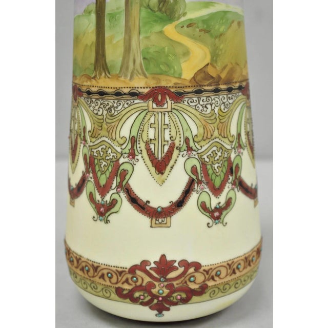 Red Antique Nippon Hand Painted Porcelain Countryside Moriage Tall Twin Handle Vase For Sale - Image 8 of 18