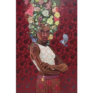 Nest IV by Ifeoluwa Alade | Acrylics on canvas Portrait of a woman with floral and bird elements. For Sale
