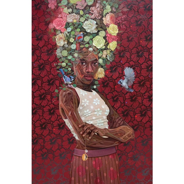 Nest IV by Ifeoluwa Alade | Acrylics on canvas Portrait of a woman with floral and bird elements. For Sale
