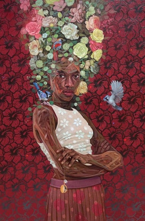 Nest IV by Ifeoluwa Alade | Acrylics on canvas Portrait of a woman with floral and bird elements.