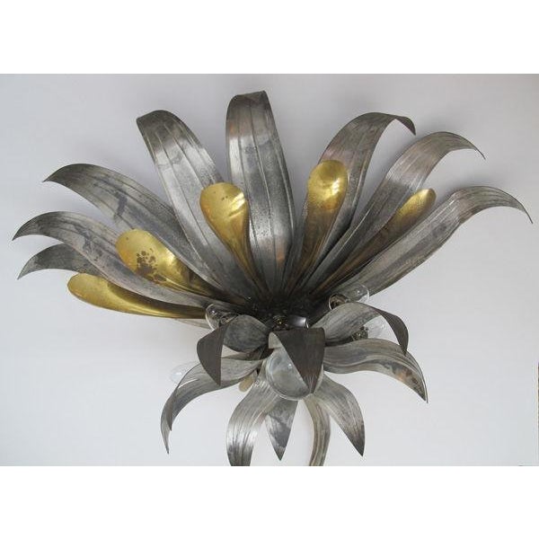 Gold A Pair of American Art Deco Tole & Brass Foliate-Form Sconces Centering Glass Spheres For Sale - Image 8 of 10