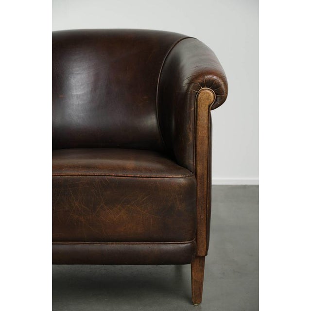 Vintage Sheepskin Club Armchair with Piping and Fixed Seat Cushion For Sale - Image 9 of 13