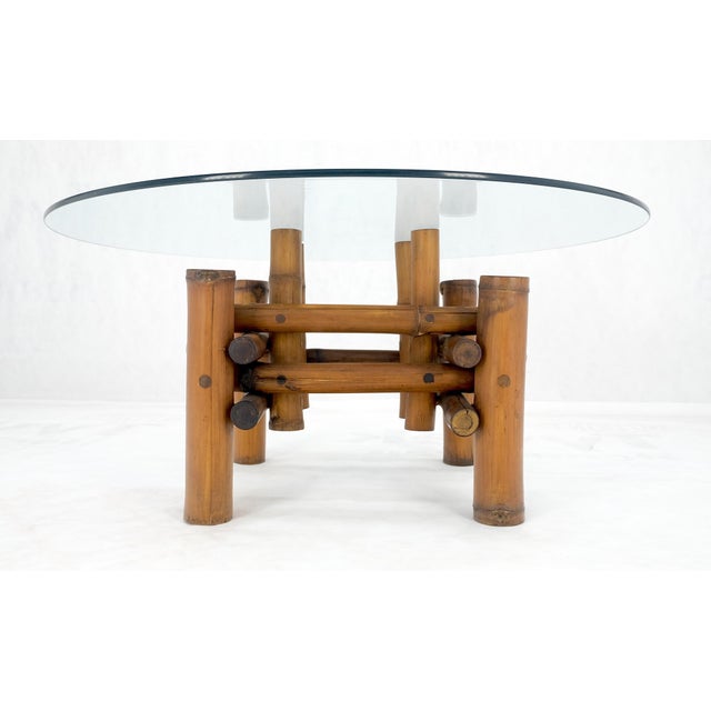 Mid Century Modern Round Glass Top Thick Diameter Bamboo Base Coffee Table MINT For Sale - Image 6 of 11