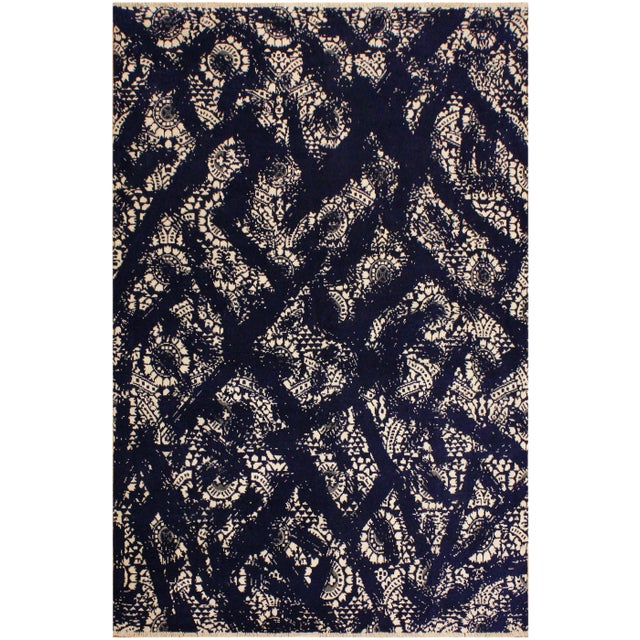 1990s Abstract Modern Blue/Ivory Wool Silk Rug - 8'1 X 10'0 For Sale