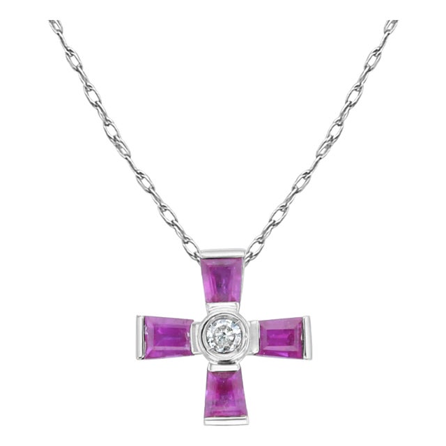 Ruby & Diamond Mini Cross Necklace 14k White Gold 16" For Sale