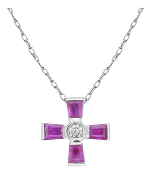 Ruby & Diamond Mini Cross Necklace 14k White Gold 16"