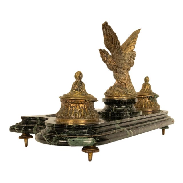 Bronze Antique 19thC French Empire Gilt Bronze Marble Eagle Desk Set Twin Inkwell 1880 For Sale - Image 8 of 16