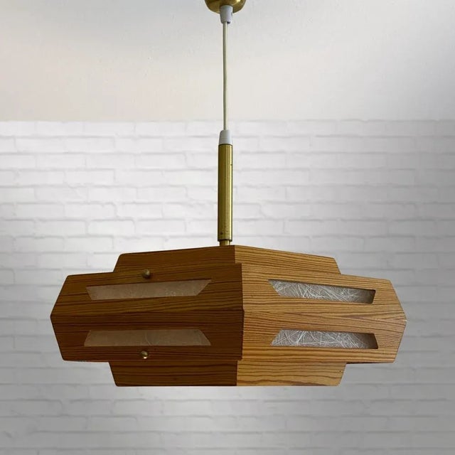 Mid-Century Modern Rustic Pinewood Pendant Lamp with Brass Fittings, 1970s For Sale - Image 3 of 11