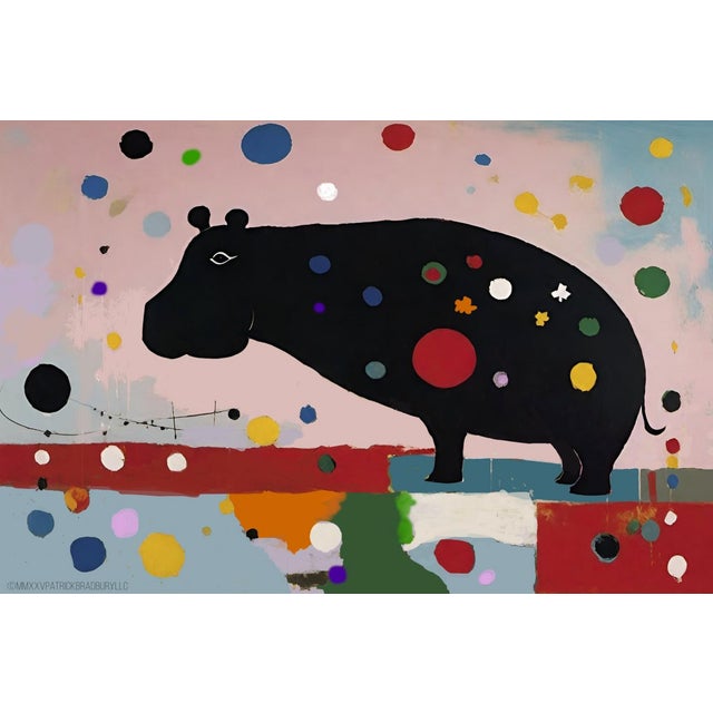 A colorful print in a mid century modern style of a hippo framed in natural light wood. Excellent for children's spaces...