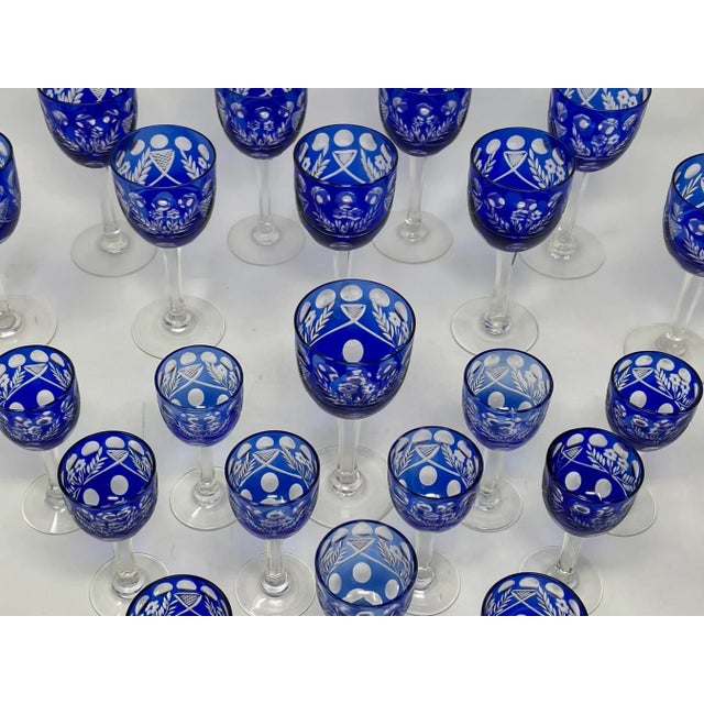 Glass 1940s Cobalt Cut to Clear Czech Crystal Hock Wine & Cordial Glasses - 21pc.Set For Sale - Image 7 of 12