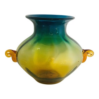 2004 Winslow Anderson for Blenko Rare Desert Green Optic Large Round Hand Blown Glass Vase With Applied Amber Handles For Sale