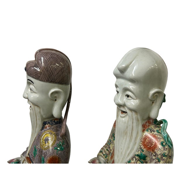 Chinese Canton Color Mixed Feng Shui Fok, Lok, Sau Figure Set For Sale - Image 10 of 13