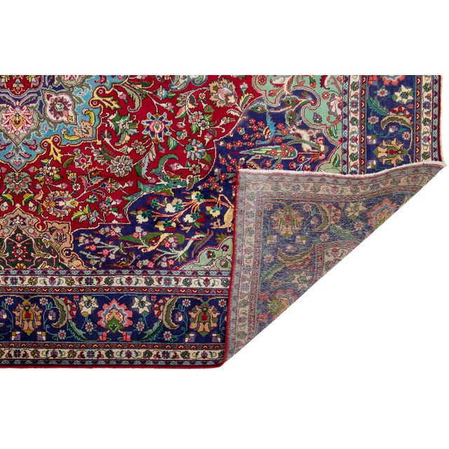 1930s Handmade Tabriz Red Wool Rug Featuring a Rosette Design For Sale - Image 4 of 9