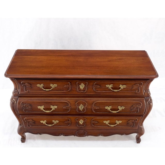 French Provincial Bombe Country French Carved Cherry 3 Drawer Dresser Brass Hardware Pulls For Sale - Image 3 of 12