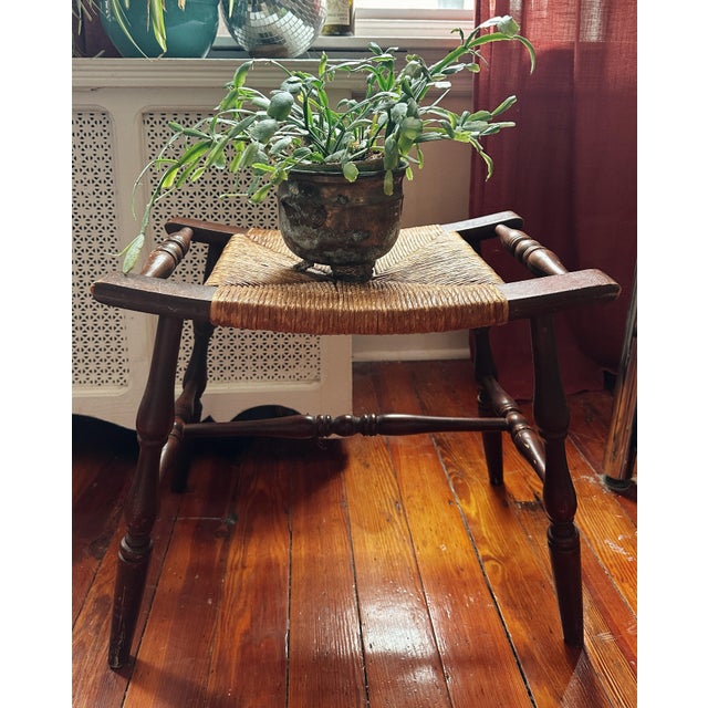 Wood Early 20th Century Curved Woven Rush Seat Primitive Wood Bench For Sale - Image 7 of 8