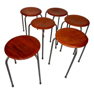 Teak Plywood and Tubular Steel Atelier Stacking Stools, Denmark, 1960s, Set of 6 For Sale