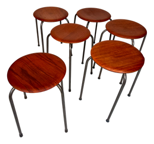 Teak Plywood and Tubular Steel Atelier Stacking Stools, Denmark, 1960s, Set of 6