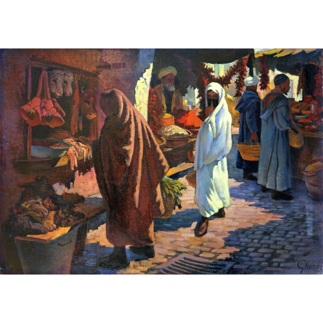 1970s Food Sellers in the Market, Jalal Gharbi Oil on Canvas Painting For Sale - Image 5 of 5