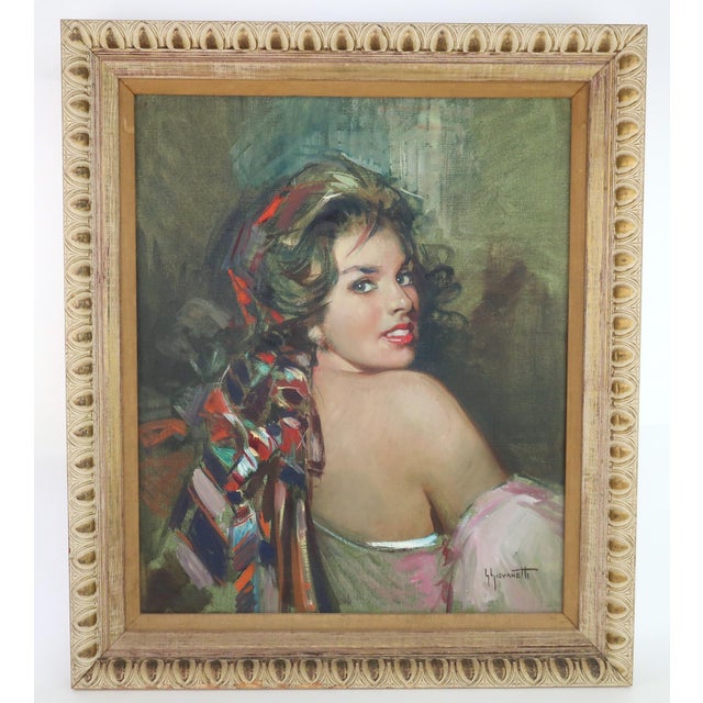 Wood Giordano Giovanetti Italian Portrait Painting of an Exotic Woman, 1950's For Sale - Image 7 of 11