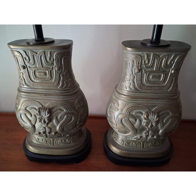 1980s Archaistic Pair of Brass Chinese Hu Vessel Urn Table Lamps - a Pair For Sale - Image 11 of 13