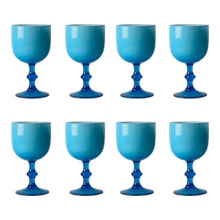 Carlo Moretti Italy Turquoise White Cased Glass Stem Wine Glasses - Set of 8 For Sale