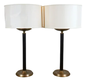 André Arbus Baker Furniture Wood & Brass Courture Table Lamps Pair
