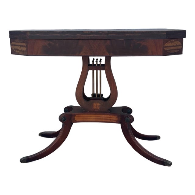 Mid 20th Century Federal Revival Mahogany Lyre Base Flip Top Games Table For Sale