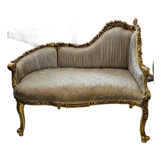 French Rococo Style Settee Sofa – Beige Embroidered Upholstery With Ornate Gold Leaf Frame For Sale