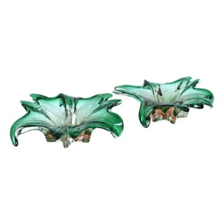 Pair of Green and Pink Amorphic Botanical Floral Murano Glass Dishes For Sale