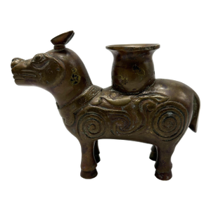 19th Century Chinese Archaic Bronze Xizun Mythical Beast Candle Holder, Qing Dynasty Fanggu Revival, Taotie Ritual Vessel Style Bronze
