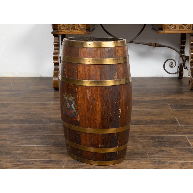 English Victorian 19th Century Oval Barrel with Coat of Arms and Brass Braces For Sale - Image 11 of 12