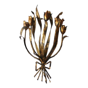 Monumental Italian Florentia Style Gold Black Finish Floral Sheaf Wall Sculptural Sconce Vintage Mid-Century