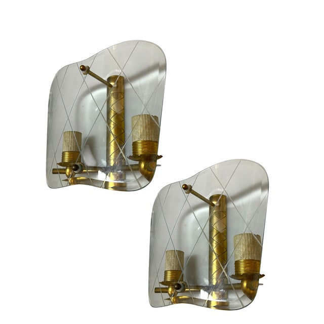 Glass and Brass Sconces from Pietro Chiesa, 1940s, Set of 2 For Sale - Image 9 of 9