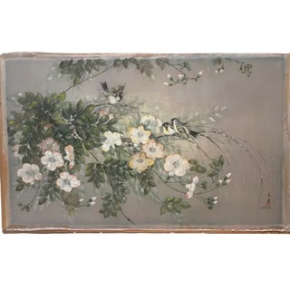 Vintage Japanese Hand-Painted Silk Watercolor, Signed 30" X 48" For Sale