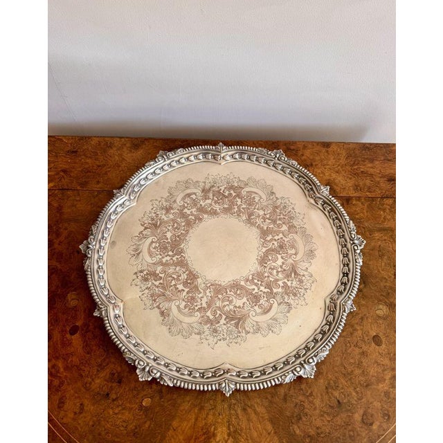 Impressive large quality antique Victorian silver plated tray, having a large circular shaped silver plated tray with...