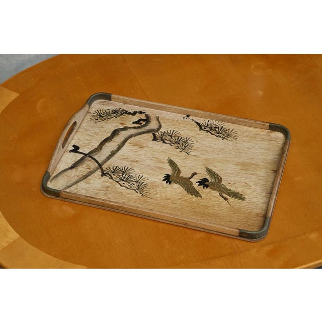 Wood Art Deco Tray with Birds and Foliage Theme in Wood and Brass, 1940s For Sale - Image 7 of 10