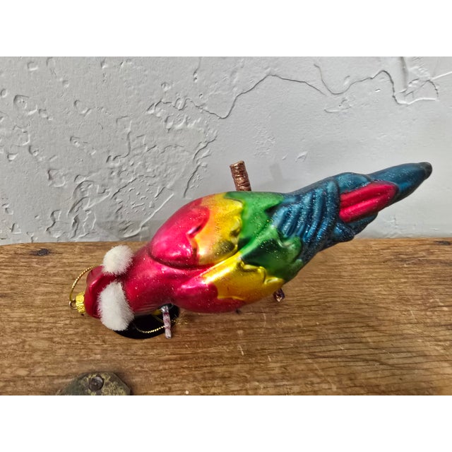 Vintage Hand-Blown Glass Tropical Parrot in Santa Hat Christmas Ornament For Sale - Image 9 of 12