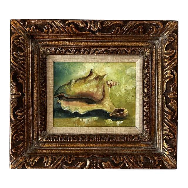 Vintage Still Life Conch Oil Painting in Hand Made Frame For Sale