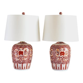 Decorative Chinese Iron Red and White Ginger Jar Porcelain Lamps-A Pair For Sale