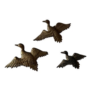 Set of 3 Mid Century Brass Flying Ducks or Geese Wall Plaques For Sale