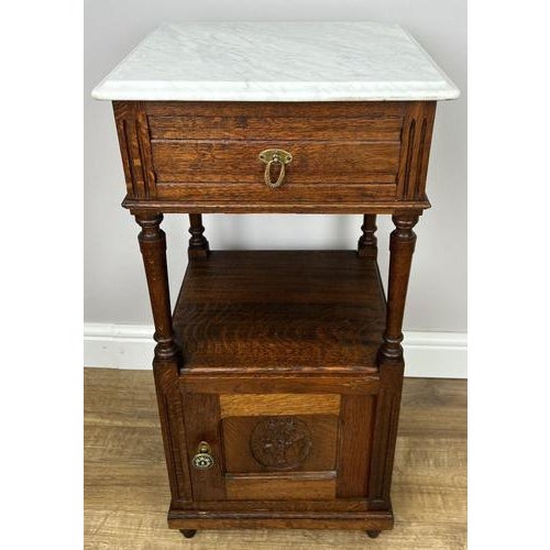 French Bedside Tables in Carved Oak with Marble Top, Set of 2 For Sale - Image 3 of 16